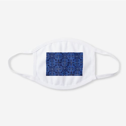 Portuguese Tiles _ Azulejo Blue Leaf Design White Cotton Face Mask