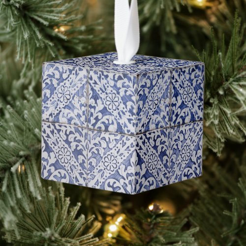 Portuguese Tiles _ Azulejo Blue White Christmas Cube Ornament