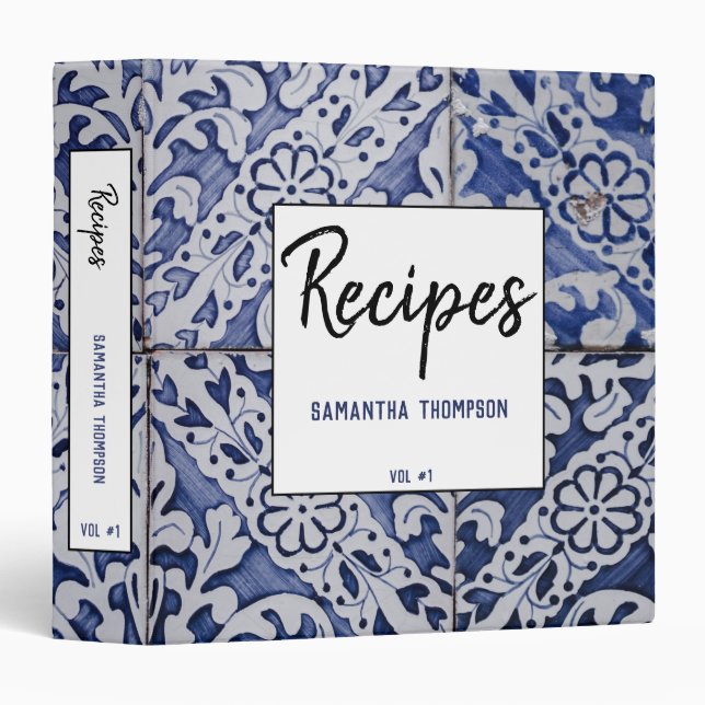 Portuguese Tiles - Azulejo Blue White Recipes  3 Ring Binder (Front/Spine)
