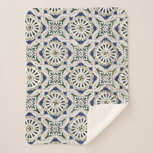 Portuguese Tiles - Azulejo Colorful Geometric Sherpa Blanket (Front)