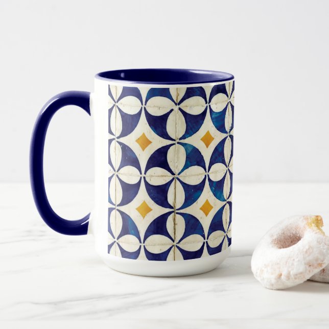 Portuguese Tiles - Azulejo Pattern Design Mug (With Donut)