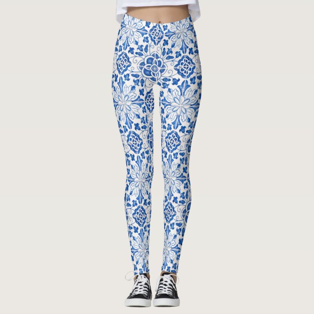 Portuguese tiles Azulejo Pattern Yoga Pants Blue (Front)