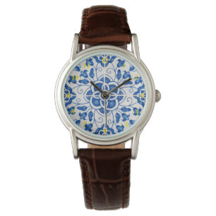 Portuguese Tiles Azulejos Floral Elegant Blue Watch