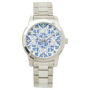 Portuguese Tiles Azulejos Floral Elegant Blue Watch