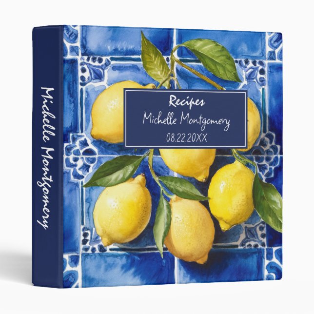 Portuguese Tiles Azulejos Lemons  Summer Recipe 3 Ring Binder (Front/Spine)
