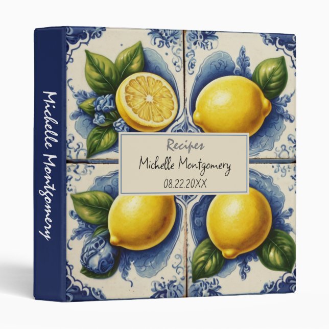Portuguese Tiles Azulejos Lemons  Summer Recipe 3 Ring Binder (Front/Spine)