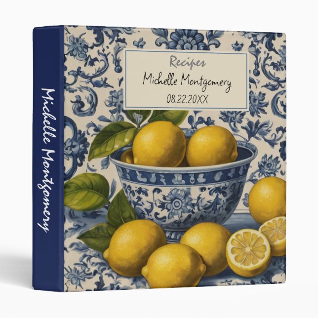 Portuguese Tiles Azulejos Lemons  Summer Recipe 3 Ring Binder (Front/Spine)
