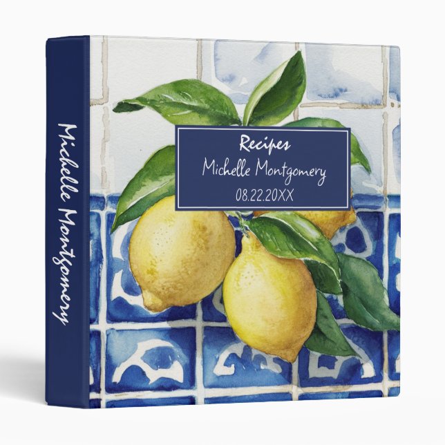 Portuguese Tiles Azulejos Lemons  Summer Recipe 3 Ring Binder (Front/Spine)