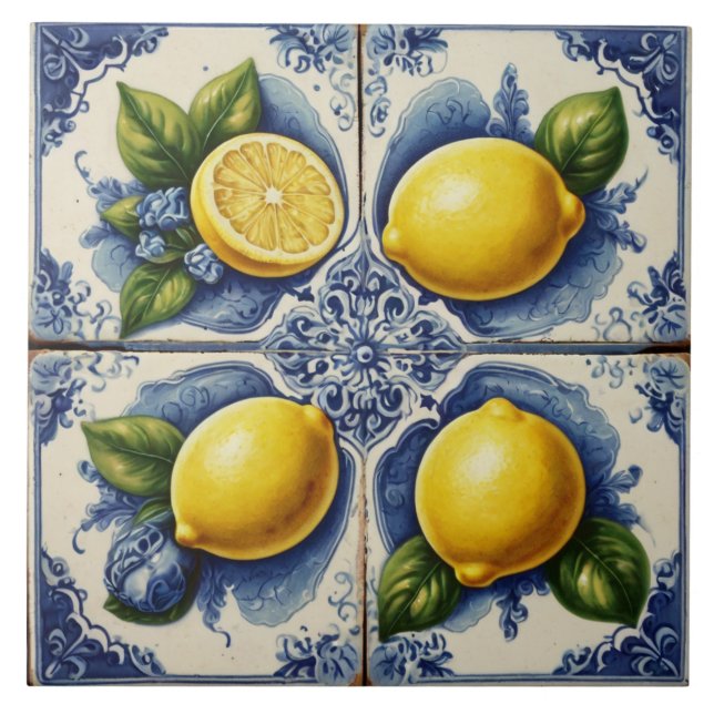 Portuguese Tiles Azulejos Lemons Vintage Blue (Front)
