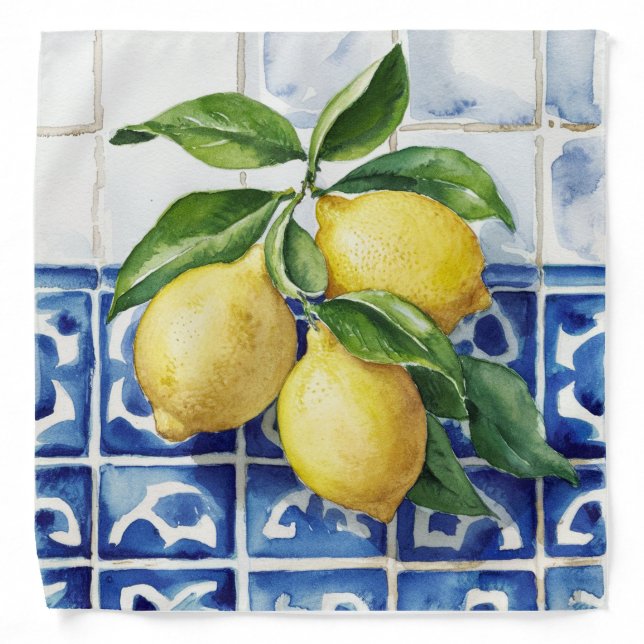 Portuguese Tiles Azulejos Lemons Vintage Blue Bandana (Front)