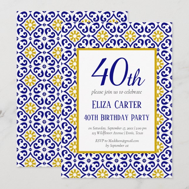 Portuguese Tiles Blue 40th Birthday Mediterranean  Invitation (Front/Back)