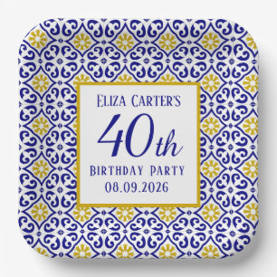 Portuguese Tiles Blue 40th Birthday Mediterranean Paper Plates