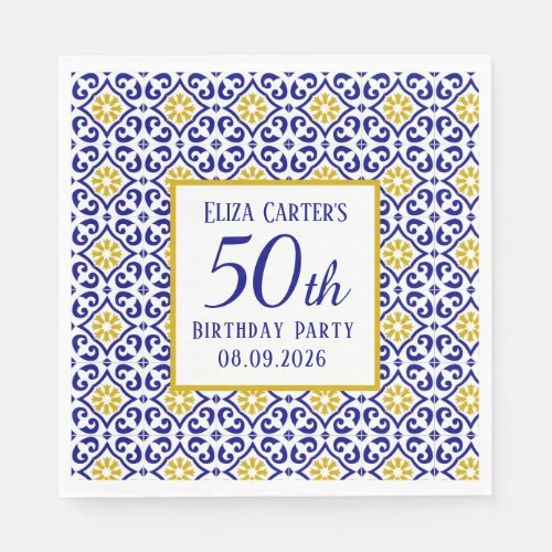 Portuguese Tiles Blue 50th Birthday Mediterranean  Napkins