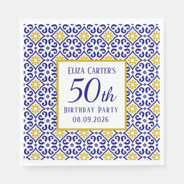 Portuguese Tiles Blue 50th Birthday Mediterranean  Napkins (Front)