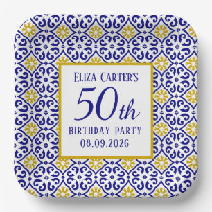 Portuguese Tiles Blue 50th Birthday Mediterranean  Paper Plates