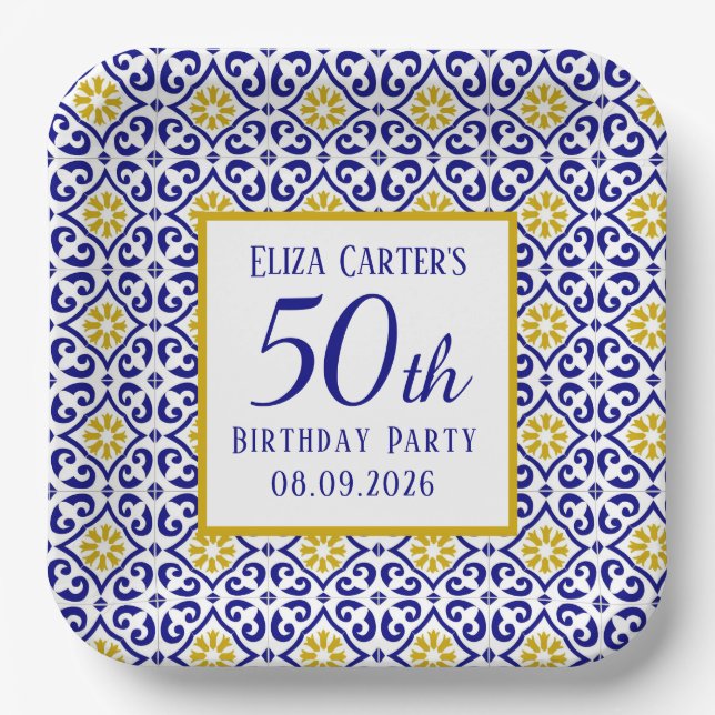 Portuguese Tiles Blue 50th Birthday Mediterranean  Paper Plates (Front)