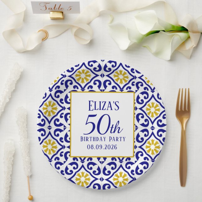 Portuguese Tiles Blue 50th Birthday Mediterranean  Paper Plates (Wedding)