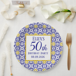 Portuguese Tiles Blue 50th Birthday Mediterranean Paper Plates