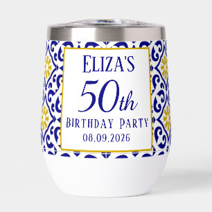 Portuguese Tiles Blue 50th Birthday Mediterranean  Thermal Wine Tumbler