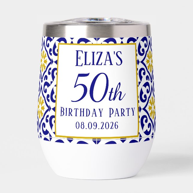 Portuguese Tiles Blue 50th Birthday Mediterranean  Thermal Wine Tumbler (Front)