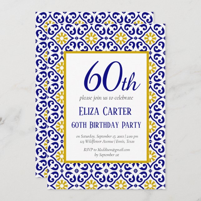 Portuguese Tiles Blue 60th Birthday Mediterranean  Invitation (Front/Back)