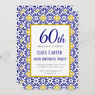 Portuguese Tiles Blue 60th Birthday Mediterranean Invitation