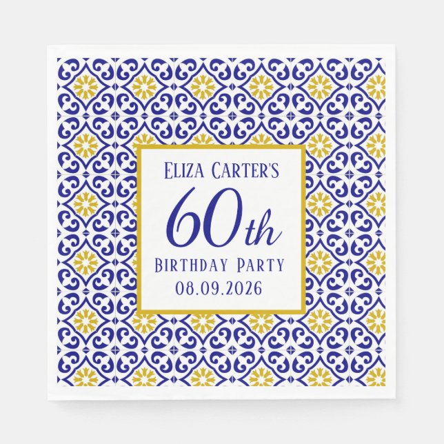 Portuguese Tiles Blue 60th Birthday Mediterranean  Napkins (Front)