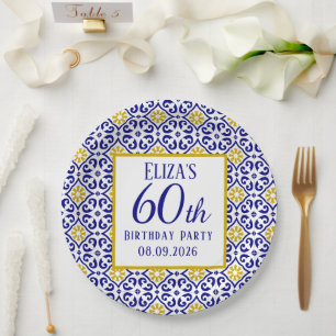 Portuguese Tiles Blue 60th Birthday Mediterranean Paper Plates
