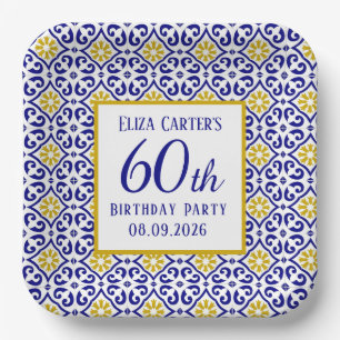 Portuguese Tiles Blue 60th Birthday Mediterranean  Paper Plates