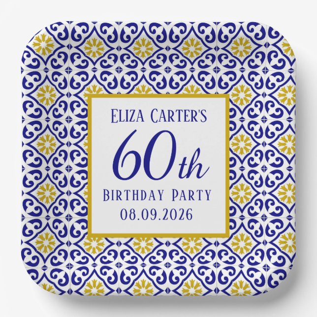 Portuguese Tiles Blue 60th Birthday Mediterranean  Paper Plates (Front)