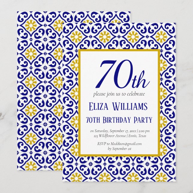 Portuguese Tiles Blue 70th Birthday Mediterranean  Invitation (Front/Back)