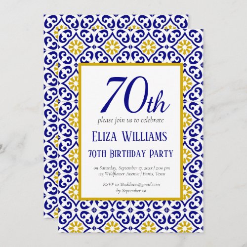 Portuguese Tiles Blue 70th Birthday Mediterranean  Invitation