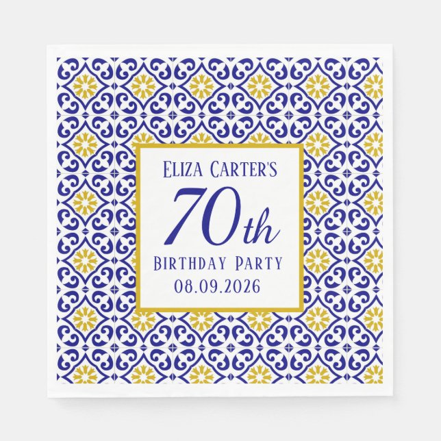 Portuguese Tiles Blue 70th Birthday Mediterranean  Napkins (Front)