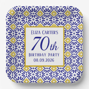 Portuguese Tiles Blue 70th Birthday Mediterranean  Paper Plates