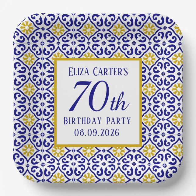 Portuguese Tiles Blue 70th Birthday Mediterranean  Paper Plates (Front)