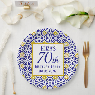 Portuguese Tiles Blue 70th Birthday Mediterranean  Paper Plates