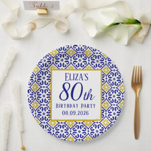 Portuguese Tiles Blue 80th Birthday Mediterranean Paper Plates
