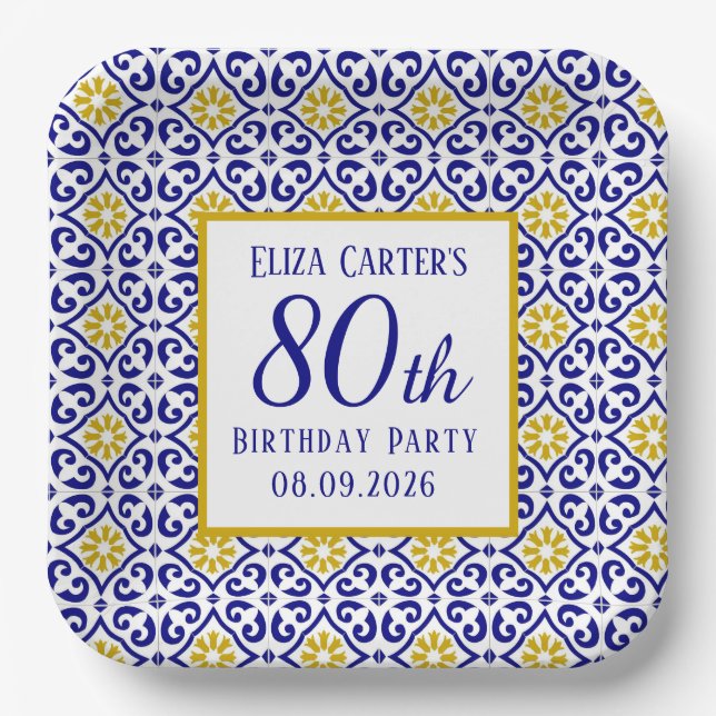 Portuguese Tiles Blue 80th Birthday Mediterranean  Paper Plates (Front)
