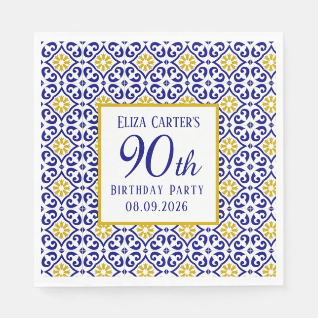 Portuguese Tiles Blue 90th Birthday Mediterranean  Napkins (Front)