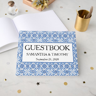 Portuguese tiles Blue Destination Elegant Wedding Guest Book