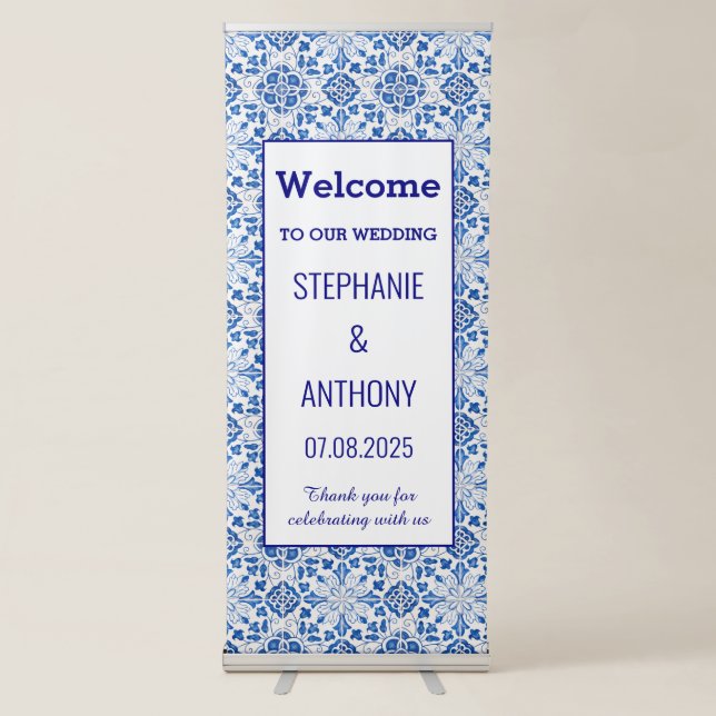 Portuguese Tiles Blue Elegant Wedding Retractable Banner (Front)