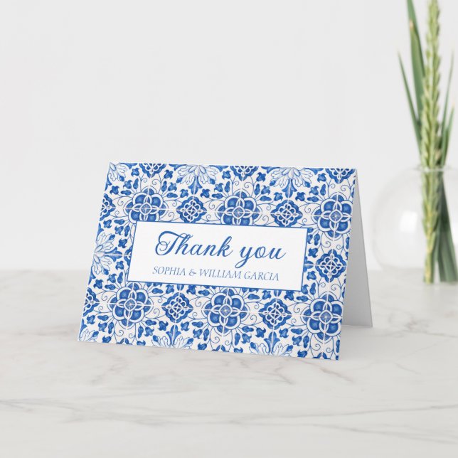 Portuguese Tiles Blue Floral Wedding Thank you  (Front)