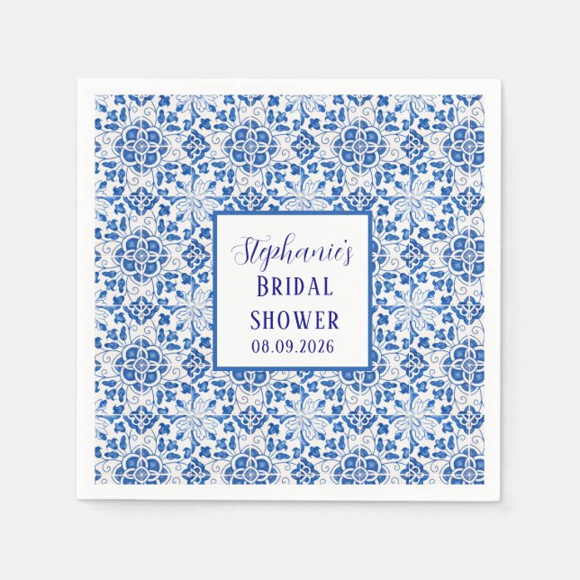 Portuguese Tiles Blue Mediterranean Bridal shower Napkins (Front)