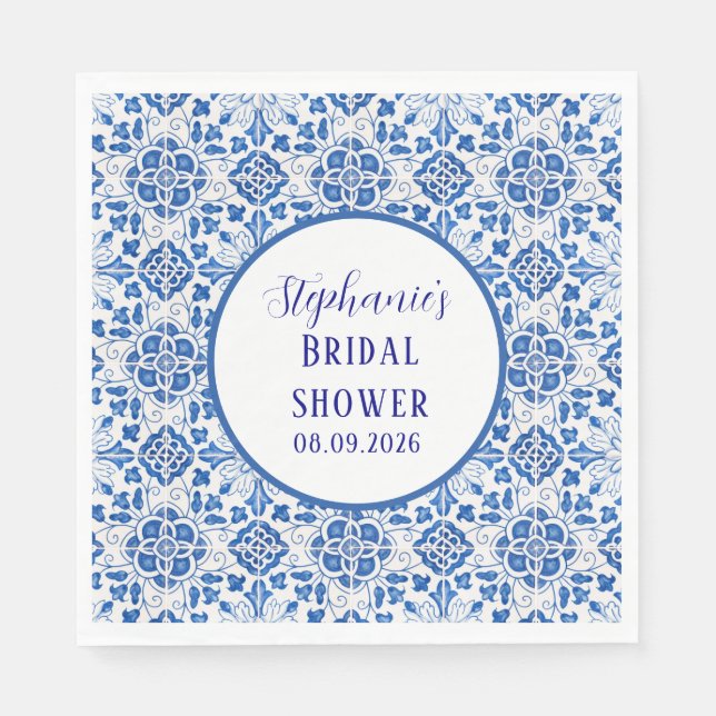 Portuguese Tiles Blue Mediterranean Bridal shower Napkins (Front)