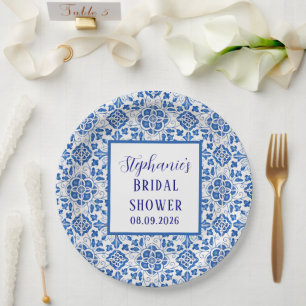 Portuguese Tiles Blue Mediterranean Bridal shower Paper Plates