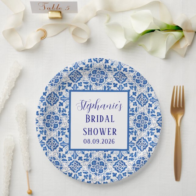 Portuguese Tiles Blue Mediterranean Bridal shower Paper Plates (Wedding)