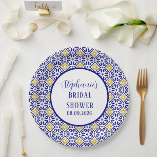 Portuguese Tiles Blue Mediterranean Bridal shower Paper Plates
