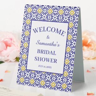 Portuguese tiles Blue Mediterranean Bridal Shower Table Tent