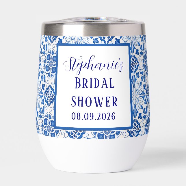 Portuguese Tiles Blue Mediterranean Bridal shower Thermal Wine Tumbler (Front)