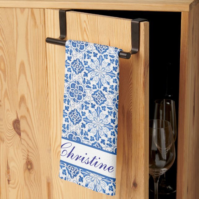 Portuguese Tiles Blue Mediterranean Floral Kitchen Towel (Thirds Fold)